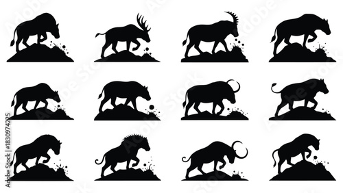 Collection of twelve black silhouette icons representing various wild bovines and horned mammals walking on rugged, isolated on white background