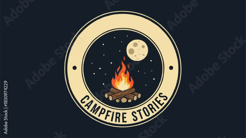 Campfire Stories Logo with Fire, Moon, and Stars in a Circular Design.