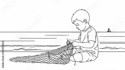 Young boy diligently mending a fishing net on the beach.