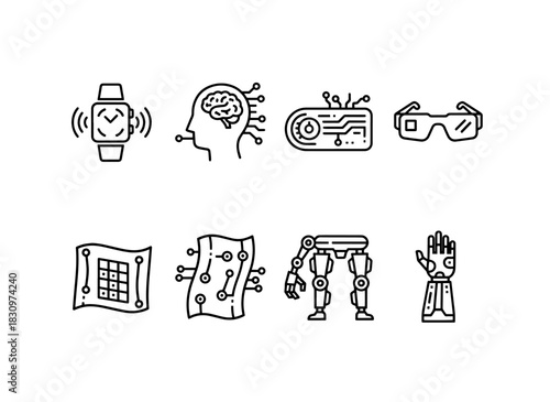 Wearable Tech Brain Computer Interface Smart Glasses Smart Fabrics Exoskeleton Connected Tech Icon Set