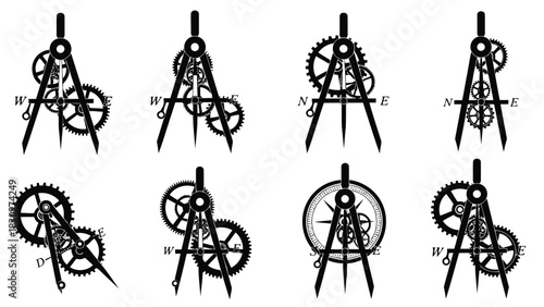 Set of eight black silhouette vector illustrations featuring drafting compasses intricately combined with mechanical, isolated on white background