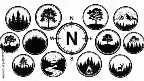 Set of black and white circular nature and adventure icons with a compass.