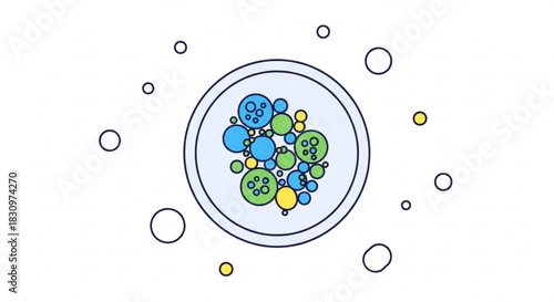 Illustration of a petri dish containing abstract colorful cellular structures and surrounding bubbles.