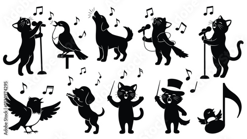 Collection of singing and musical animal silhouettes including cats, dogs, and birds performing in a joyful choir or, isolated on white background