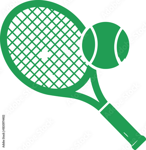 Monochromatic tennis racket and ball vector silhouette in a vibrant green. Simple, bold icon ideal for sports apps, club logos, apparel, or minimalist athletic branding. Racquet sport equipment art.