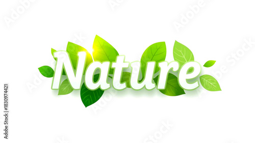 The word nature written in white text surrounded by bright green fresh spring leaf illustration isolated on