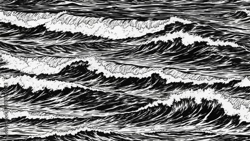 Monochromatic Ocean Waves - A Detailed Black and White Illustration.