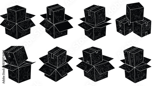 Set of eight isometric black and white shipping parcel icons showing various stages of opening and stacking dark, isolated on white background