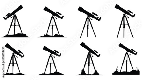 Collection of eight black silhouette vector icons representing astronomical telescopes mounted on tripods showing, isolated on white background