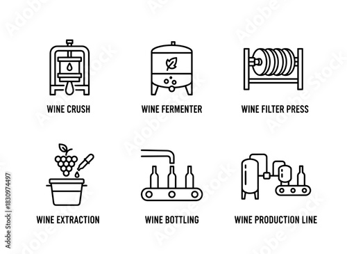 Wine Production Line Wine Bottling Wine Fermenter Wine Crush Wine Extraction Wine Industry Icon Pack