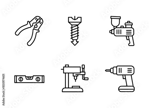 Wire Stripper Screw Extractor Paint Sprayer Compressor Leveling Tool Drill Press Tool Set Icon Pack