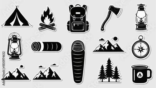 Camping and Outdoor Adventure Icons - Essential Gear and Nature Elements.