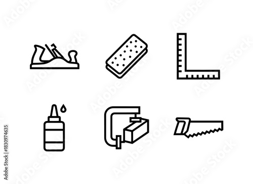 Wood Plane Sandpaper Carpenter Square Wood Glue Wood Clamp Handsaw Minimal Bold Line Icon Set