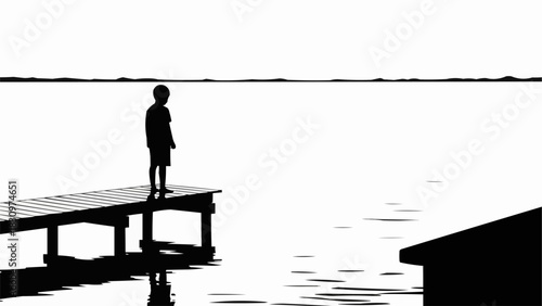 Silhouette of a child standing on a wooden dock looking out over the water.
