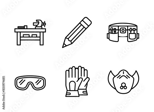 Workbench Carpenter Pencil Tool Belt Safety Glasses Gloves Dust Mask Minimal Bold Line Icon Set