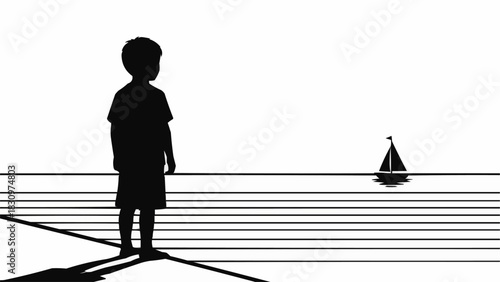 Silhouette of a young child standing alone by the waters edge.