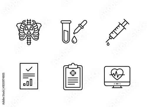 X Ray Blood Test Syringe Health Report Medical Chart Health Monitor Minimal Bold Line Icon Set