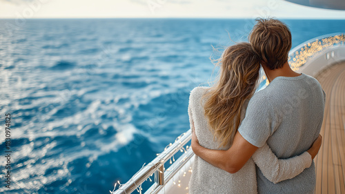 Loving couple stands on the deck of a modern luxury yacht adorned with warm Christmas lights, with the calm sea stretching behind them.