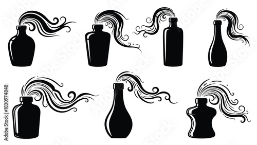 Collection of dark silhouette vector icons showing various perfume or ink bottles releasing elegant, swirling, magical, isolated on white background