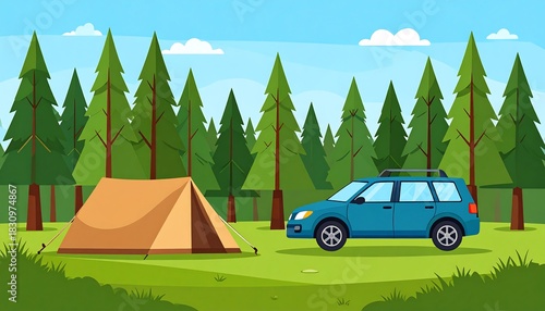 Camping scene of a tent pitched next to a blue SUV amidst tall pines, under a sunny, partly cloudy sky
