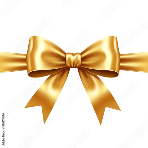 A Realistic Golden Ribbon Bow Tied with Silk Fabric on a White Background