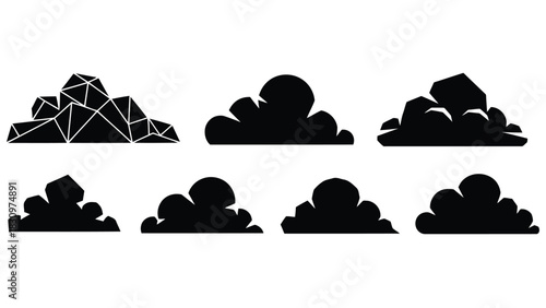 Collection of six black silhouette cloud icons featuring one geometric low poly design and five rounded cartoon shapes, isolated on white background