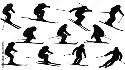 Collection of dynamic black silhouette icons representing skiers in various aggressive downhill racing and carving, isolated on white background