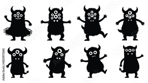 Collection of cute black silhouette monster characters with horns and multiple eyes showing various funny poses and, isolated on white background