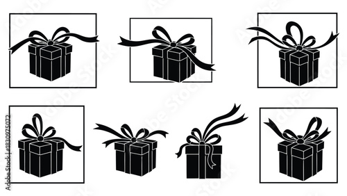 Collection of six black silhouette gift box icons with stylized bows and ribbons inside square frames, perfect for, isolated on white background