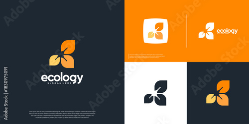 Yellow leaf logo, with a concept of recycling, renewable energy, environmentally friendly, vector graphic template.