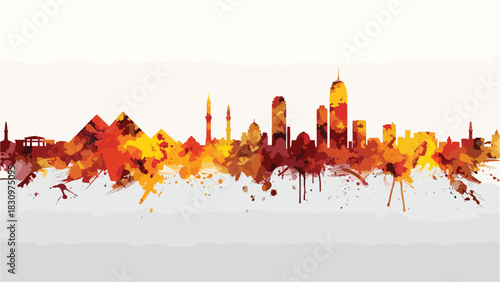 Colorful Watercolor Skyline of Cairo, Egypt: Pyramids, Mosques, and Modern Buildings in Orange, Red, and Yellow Tones on a Light Background.