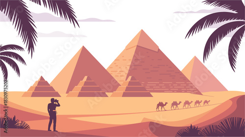 Egyptian Pyramids Landscape with Photographer, Camels, Palm Trees, and Warm Colors: A Travel and Adventure Illustration
