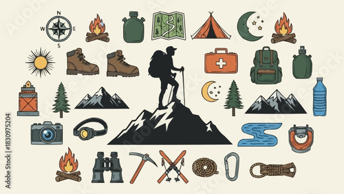 Hiking and Camping Icons - Adventure Gear and Outdoor Essentials.