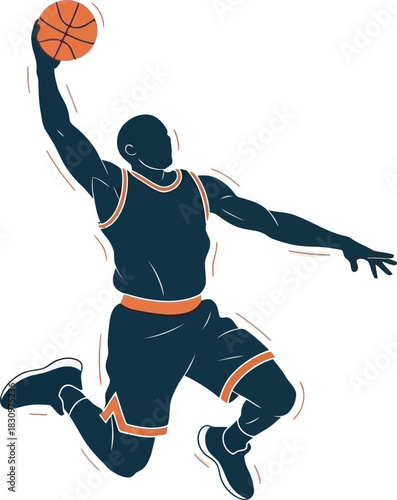 Dynamic basketball player silhouette soaring for a slam dunk. High-contrast vector art, perfect for sports design, apparel, branding, or website graphics. Captures the energy and motion of the game.