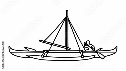 Polynesian Outrigger Canoe with Sail and Paddler Line Art.