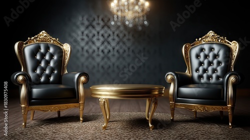 Elegant black and gold chairs with matching table in luxurious interior setting at night