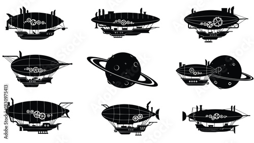 Collection of detailed black silhouette icons featuring various steampunk airships and a stylized ringed planet,, isolated on white background