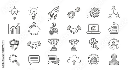 Startup Line Icons on White – Modern Business, Innovation, and Entrepreneurship