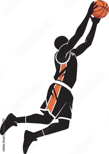 Dynamic, multi-color silhouette illustrations of basketball players in mid-air, capturing high-action moments like a lay-up or dunk. Ideal for sports leagues, team branding, fitness apps, tournament.