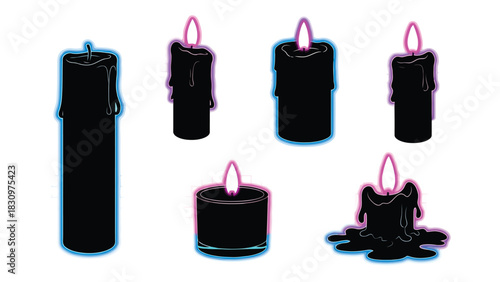 Collection of various black silhouette candles with dripping wax and glowing neon magenta flames outlined in blue, isolated on white background
