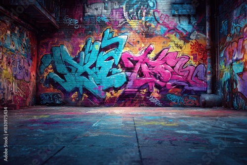 Vibrant urban graffiti wall featuring neon colors in a lively alleyway during nighttime in an artistic community space