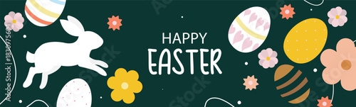 Easter Banner with Rabbit, Colorful Eggs and Flowers on Dark Green Background. The flat cartoon design is perfect for holiday promotions, seasonal greeting cards, web banners, poster
