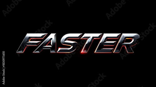 Metallic chrome text effect spelling the word faster with a dark background