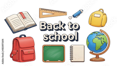 Colorful cartoon illustrations of school supplies, a concept for education and learning