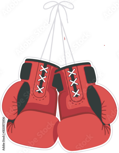 A vibrant illustration of red boxing gloves hanging by their laces. Perfect for promoting fitness, martial arts, training, gym themes, fight night events, and apparel, symbolizing strenght.