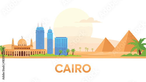 Cairo, Egypt Skyline Illustration: Pyramids, Mosque, Skyscrapers, and Desert Landscape for Tourism and Travel Promotion in Flat Vector Style Design Concept