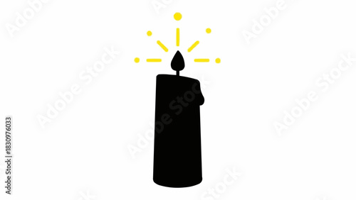 Black Candle with Glowing Flame and Light Rays.