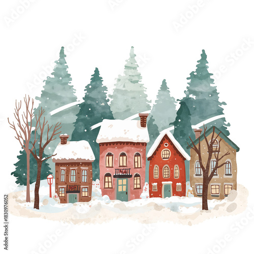 Winter Village Scene With Snow-Covered Houses and Evergreen Trees in a Peacef...