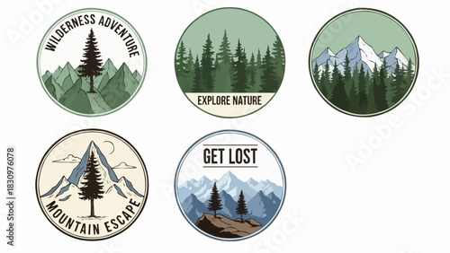 Circular wilderness adventure and nature themed logo designs for outdoor activities.