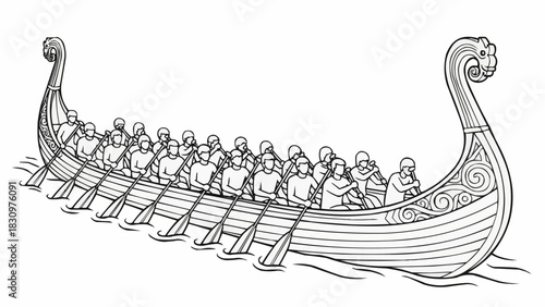 Viking Longship with Rowers Illustration.